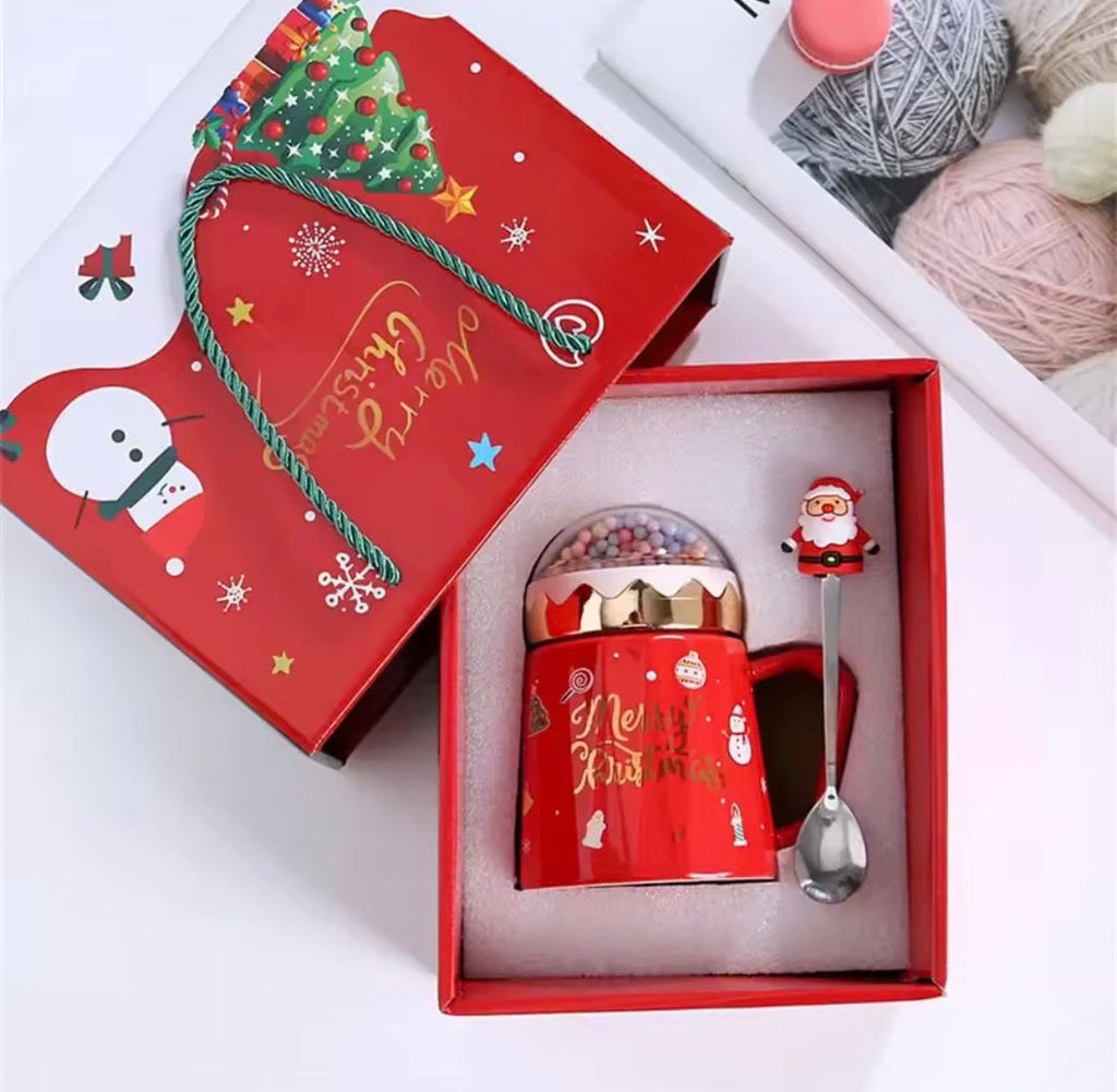🎄 Weihnachts-Tasse mit Deckel & Santa-Löffel – Keramik, 300–350 ml