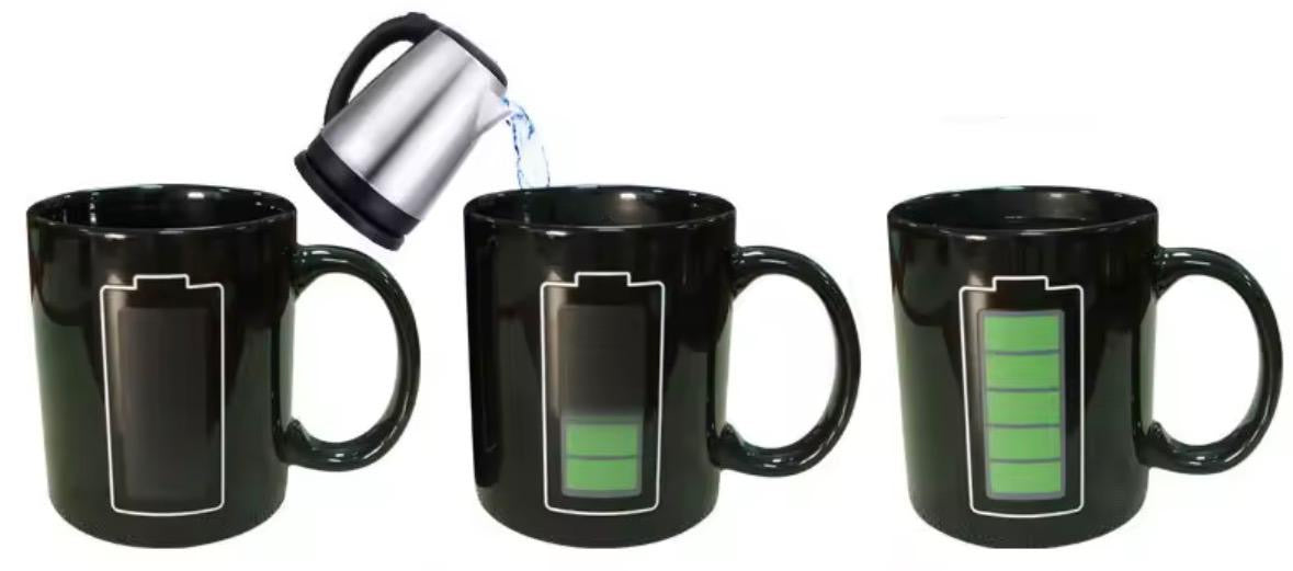 Farbwechsel-Tasse „Battery“ – 330 ml Keramik, lädt bei heißem Getränk